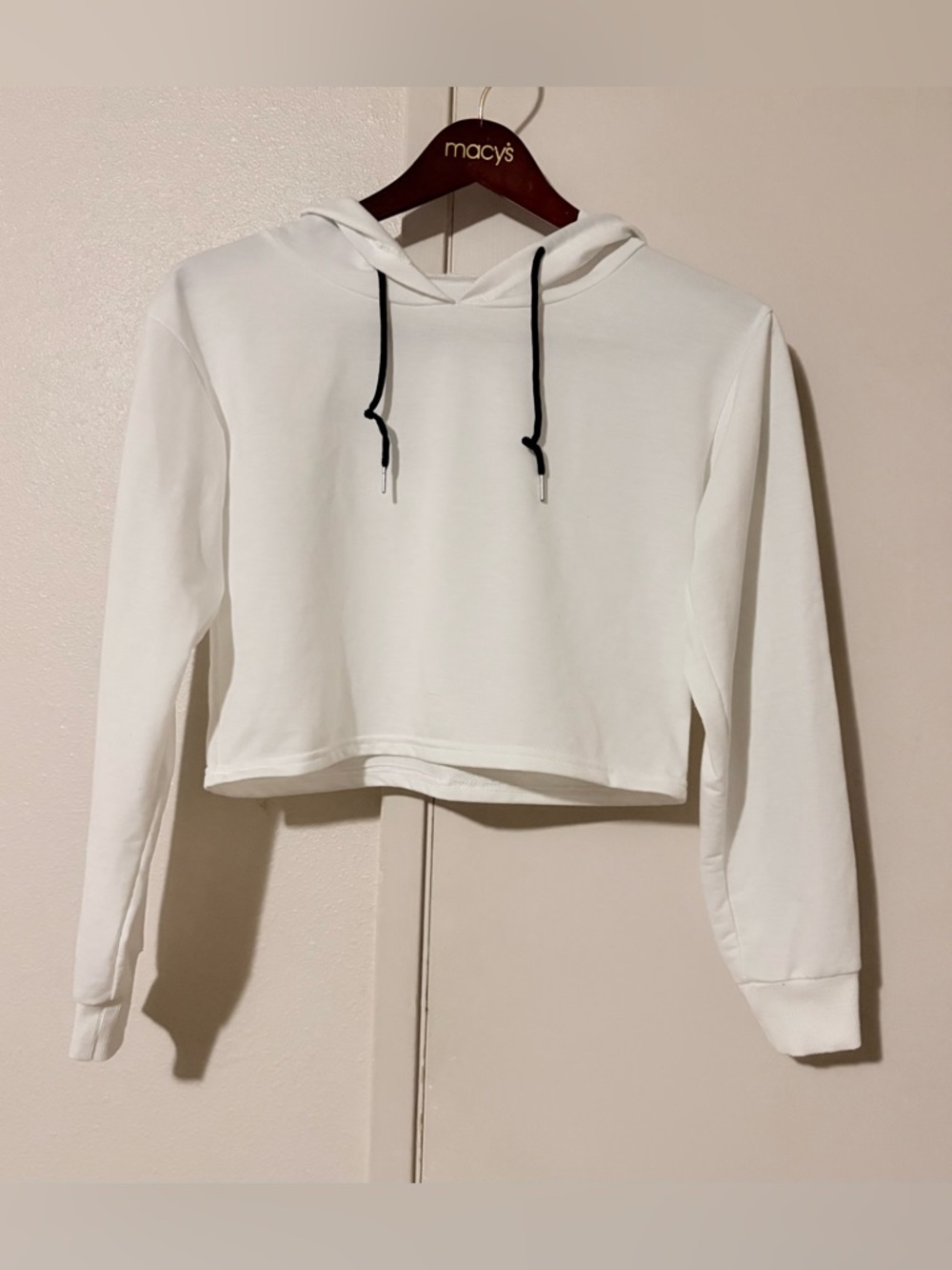 White Cropped Hoodie W/ Contrast Drawstrings & 2 Black Lines Down The Sleeves